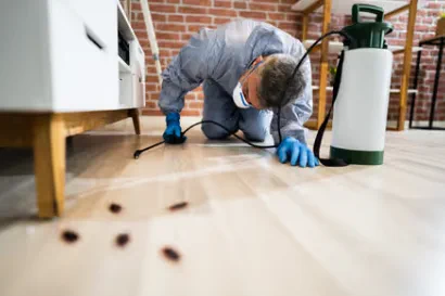 Pest control technician inspecting a home floor for signs of termites and other pests